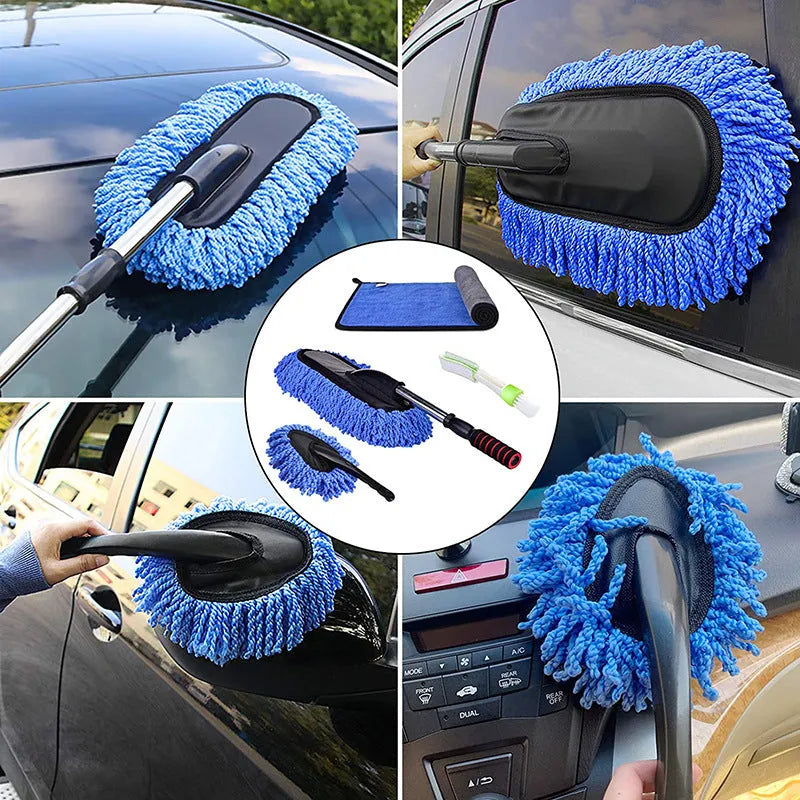 Car dust collector with retractable handle and five microfiber dusting brushes for car and home cleaning