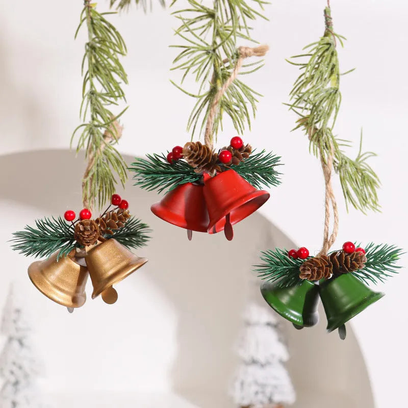 Wrought iron pine cone double bell Christmas pendant in gold colour with loop hanger