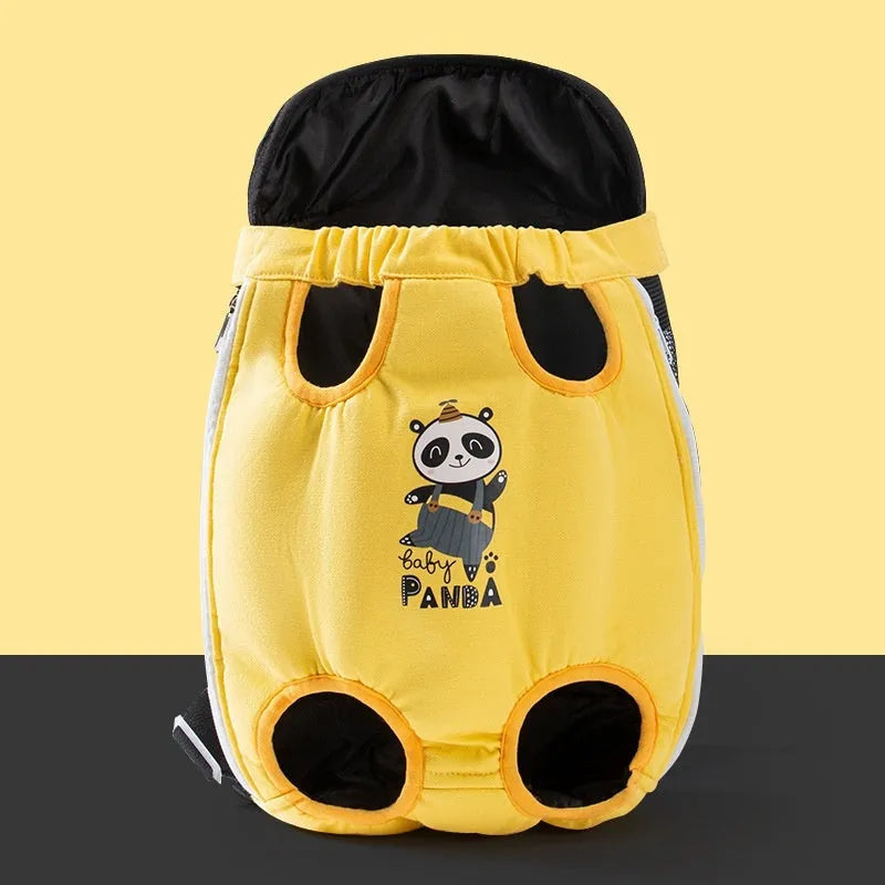 Cartoon canvas chest pet carrier bag in Beka yellow bear with ribbon trim, front view