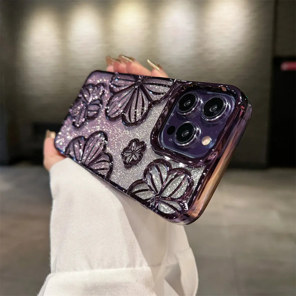 Electroplating glitter flower TPU soft shell phone case for Apple iPhone with silver pink blue black gold purple colour options