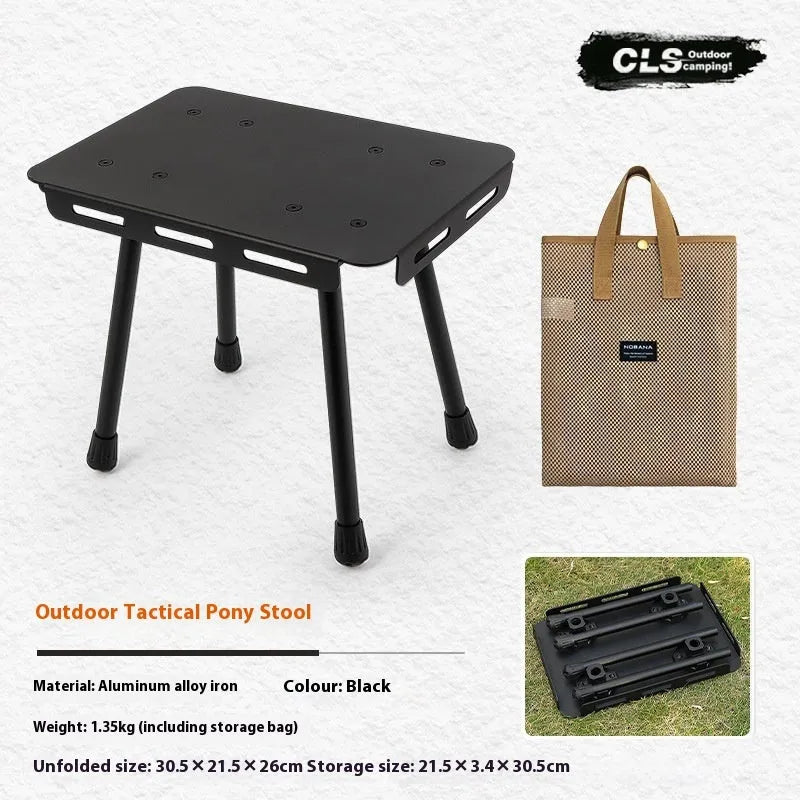 CLS aluminium folding camping stool shown in army green, converts into a small table with storage bag