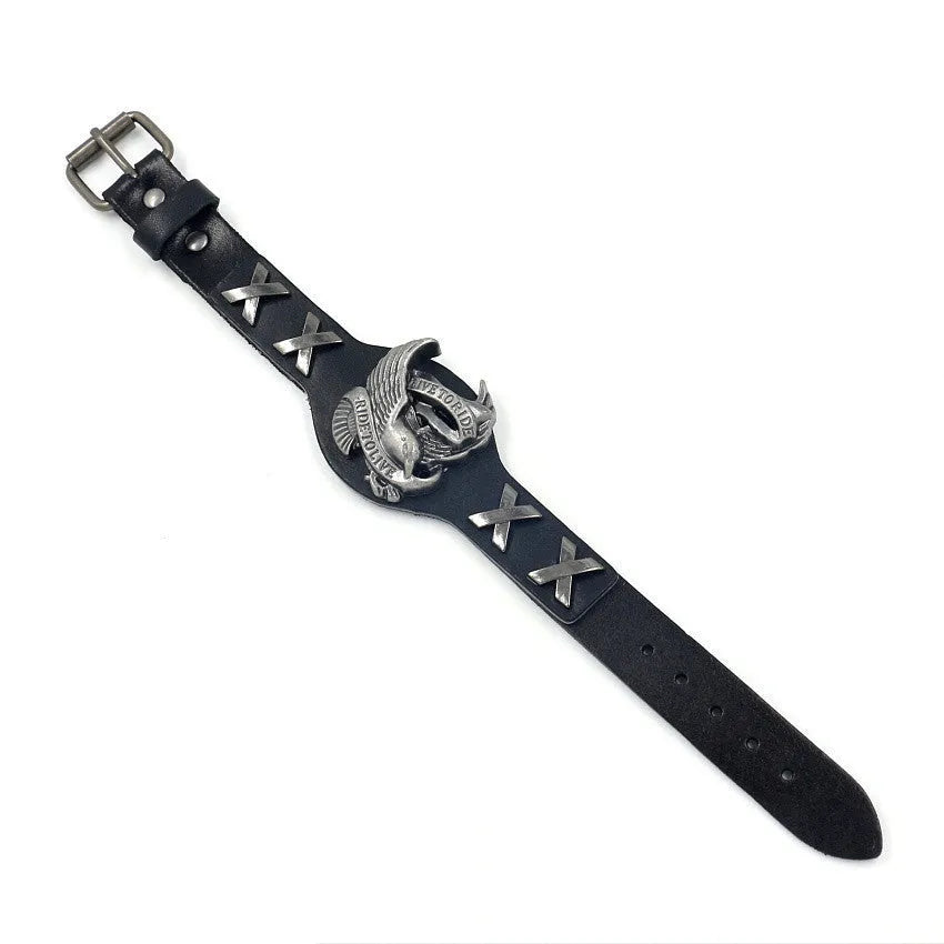 Black geometric leather bracelet with an alloy eagle watch-button clasp, shown flat displaying its 26cm length.
