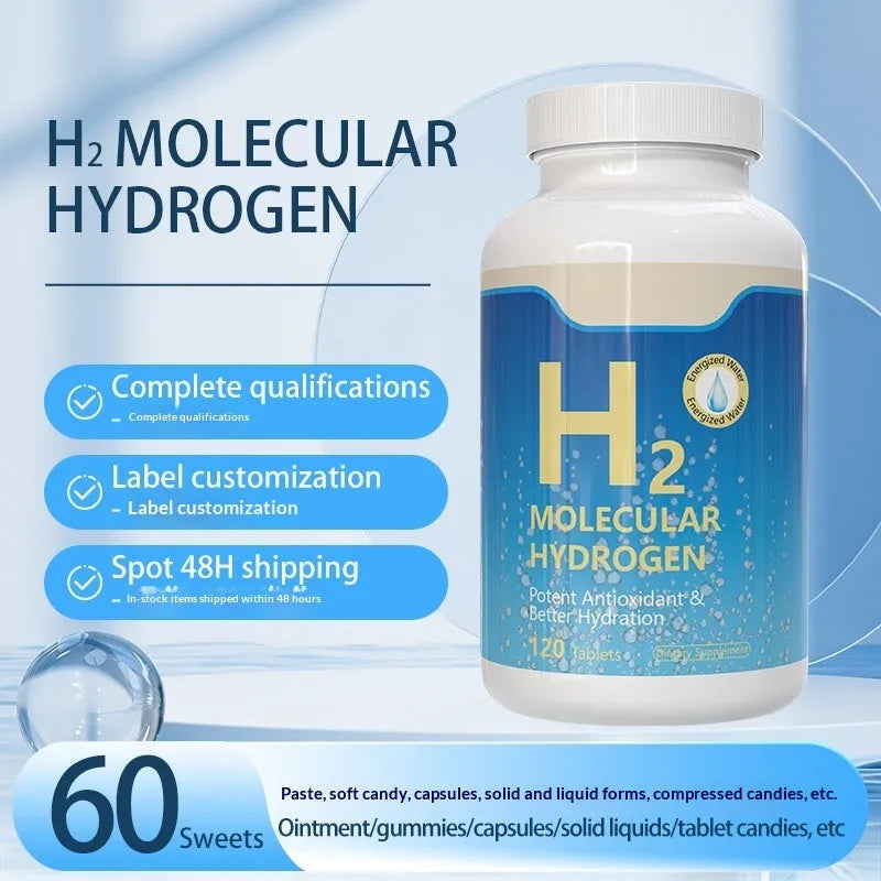 Fitness H2 Hydrogen Water Mineral Tablets 120 count bottle packaging shown with tablets