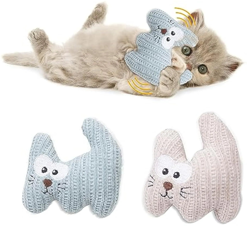 Cyan and light coffee coloured plush cat toys with bells and catnip, measuring 12 by 11 cm.