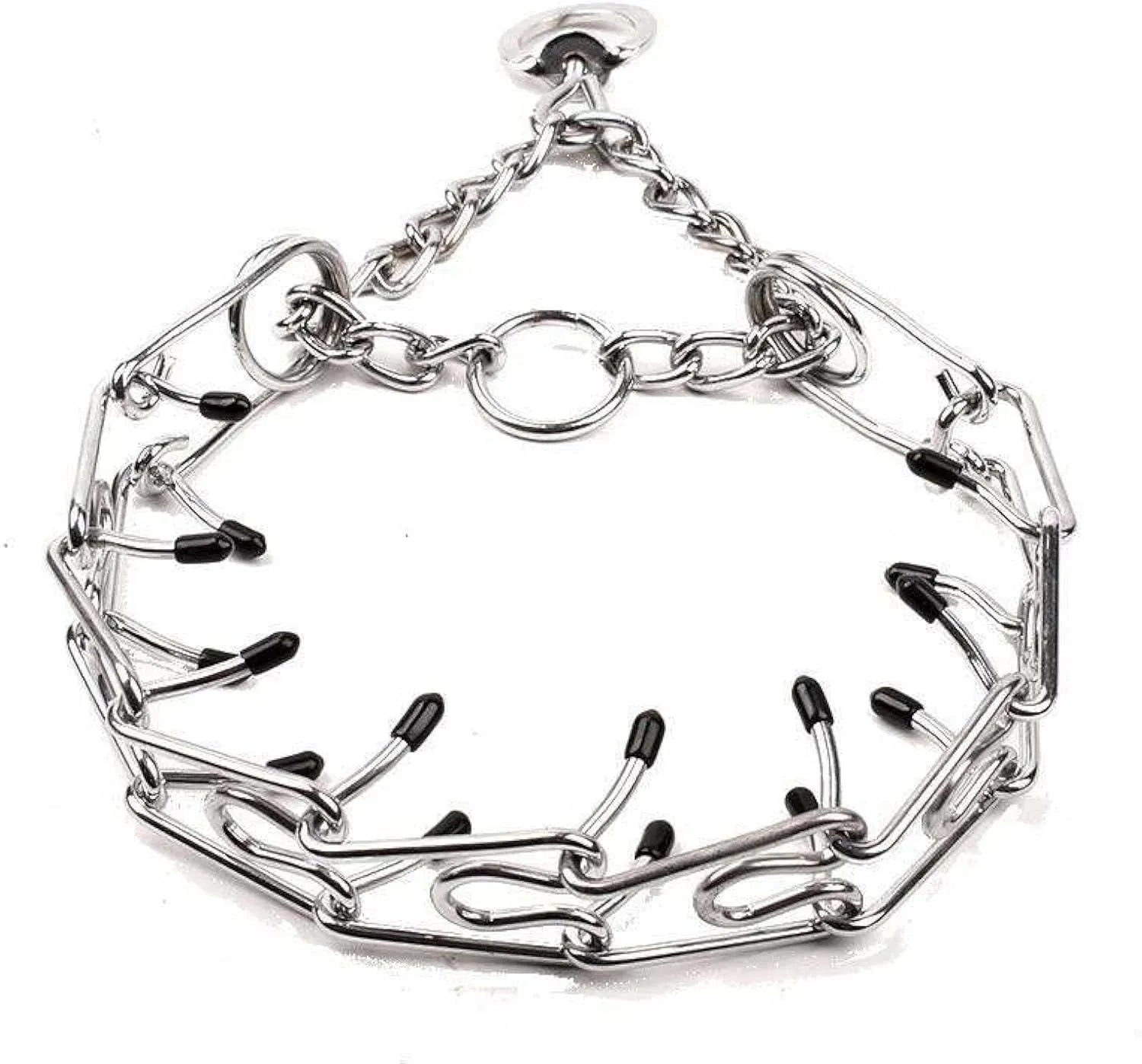 Stainless steel dog prong training collar with round head links and rubber tips in adjustable sizes