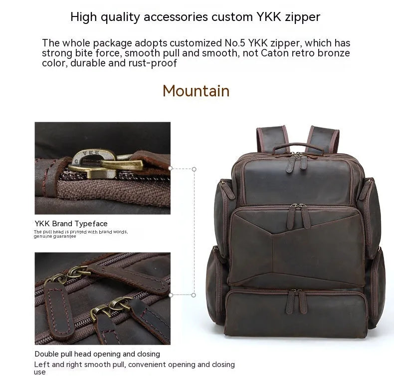 Dark brown leather backpack for men with 17-inch laptop compartment and multiple internal organisers