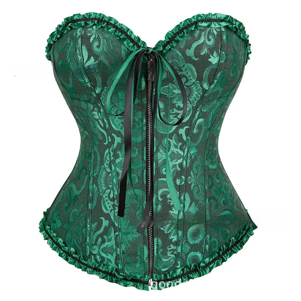 Women's black spandex jacquard corset with a front zip closure for waist support.