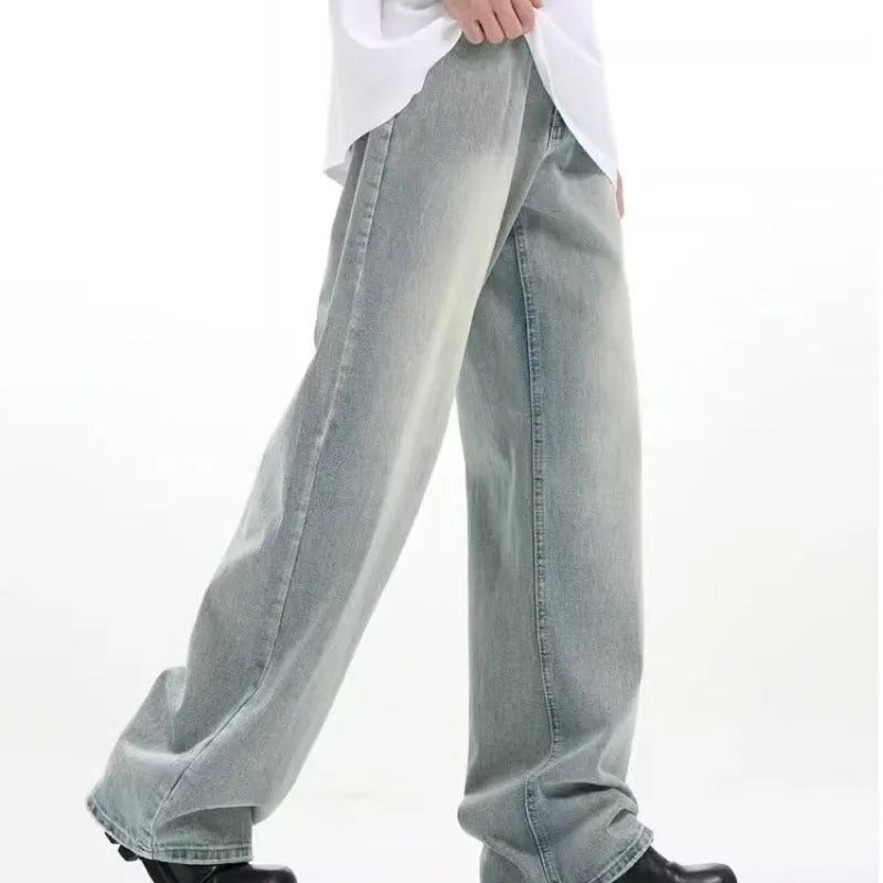 Blue retro casual trousers with elastic waistband and loose fit