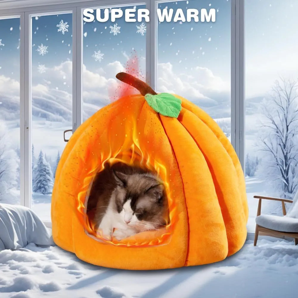 Pumpkin-shaped semi-enclosed cat bed in blue, grey, or yellow with a removable interior mat.