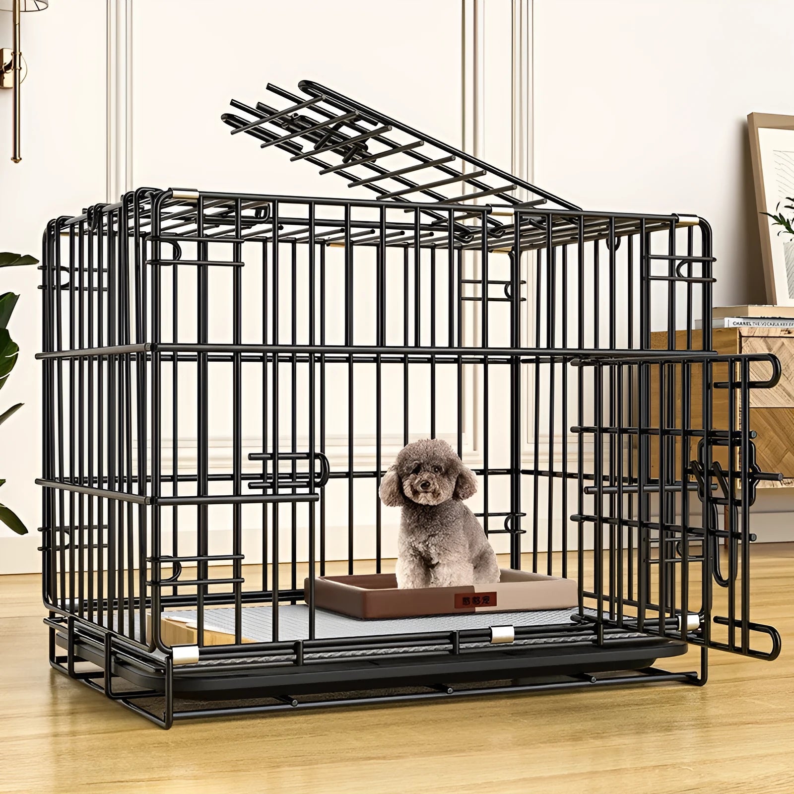 Folding dog pet cage in iron wire with encryption lock, black colour, size 60x42x50cm