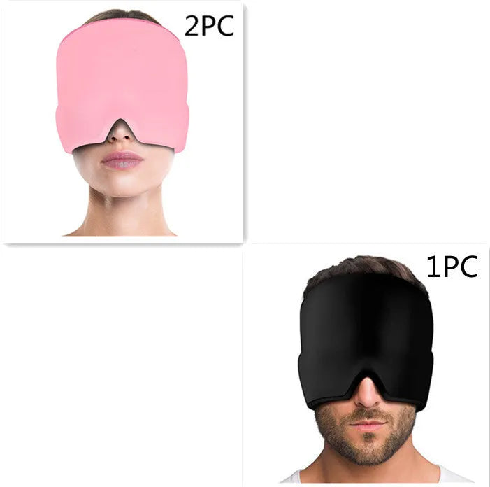 Black reusable ice gel headache relief eye mask on a white background.