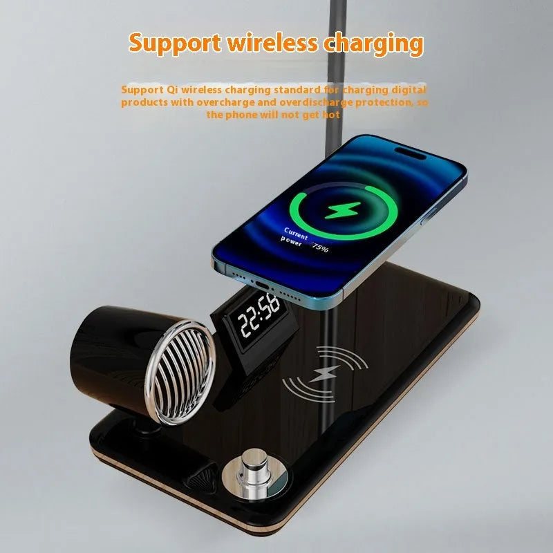 Black or white wireless charging desk lamp with digital clock display and LED eye-protection light