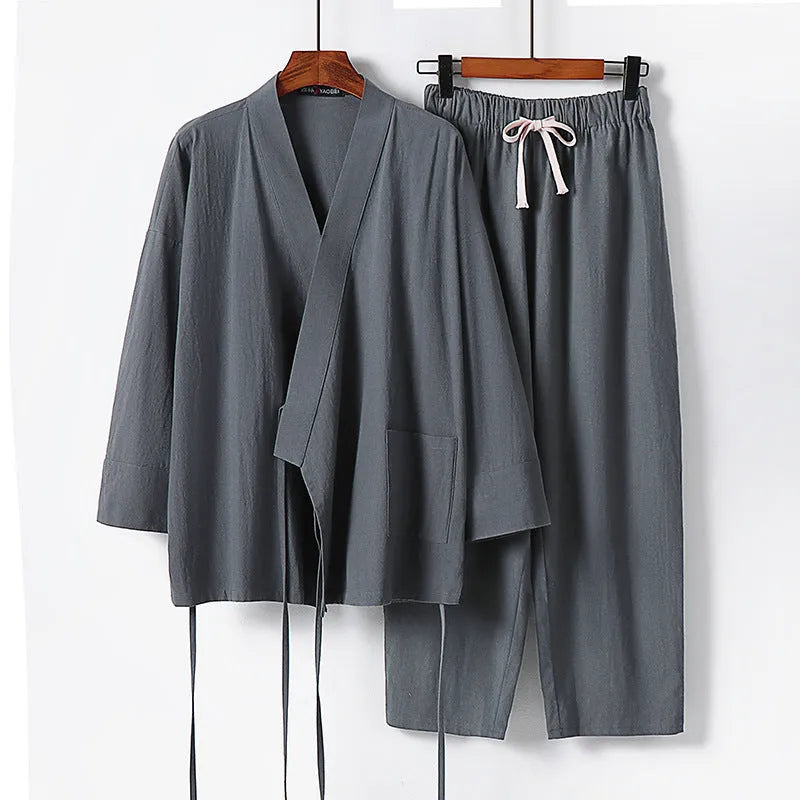 Cardigan style Hanfu two-piece suit in cotton fabric showing traditional Chinese design with loose-fitting top and trousers