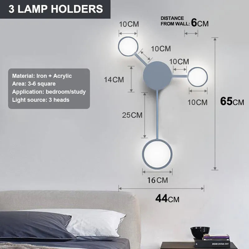 Contracted bedroom wall lamp iron acrylic 6-head 54W 96.5cm wide mounted on wall in black finish