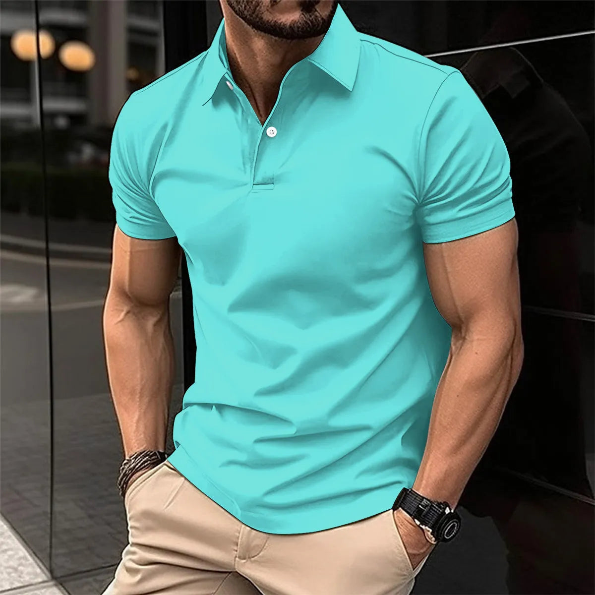 Men's short sleeve polo shirt with button lapel collar in a solid colour.