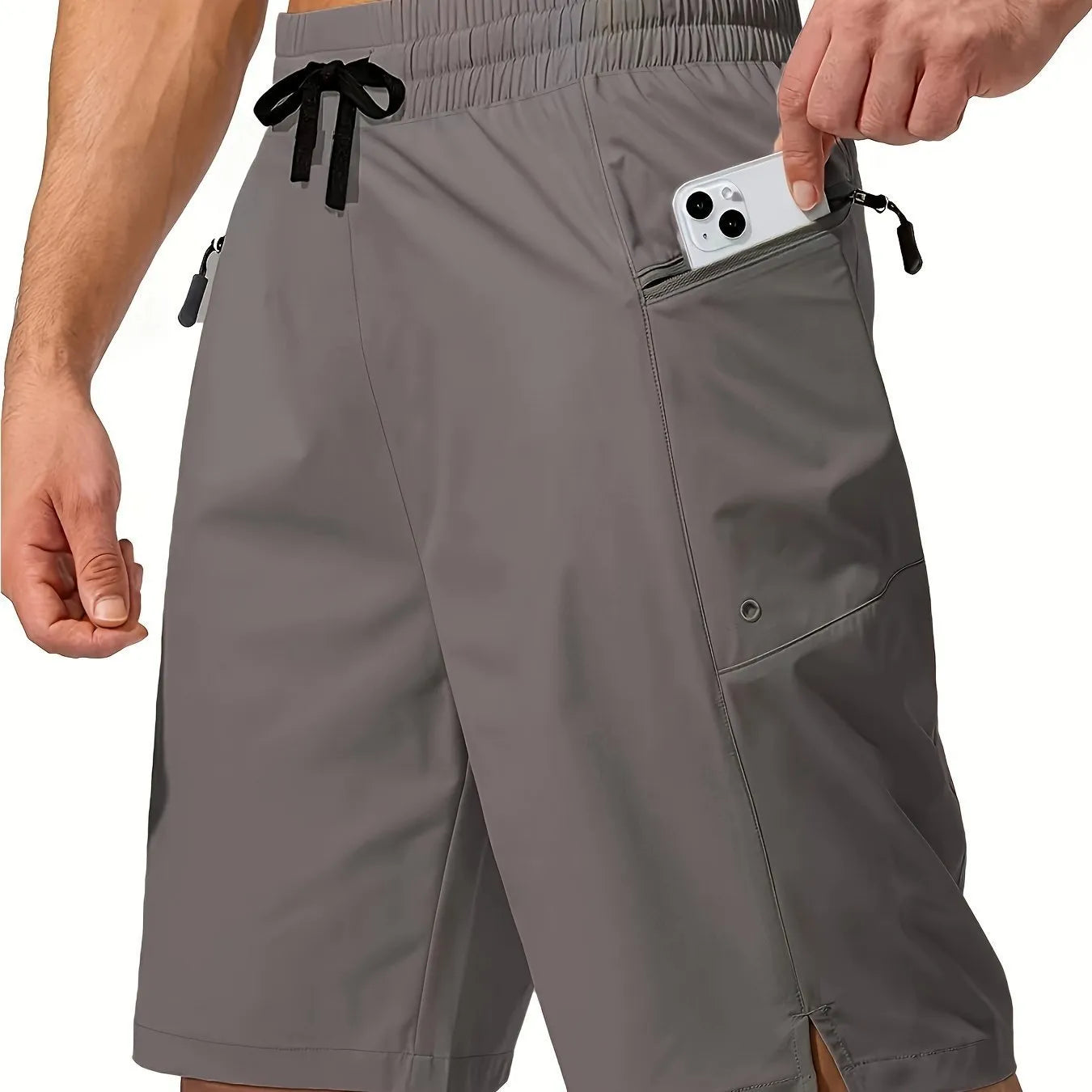 Men's solid colour quick-drying beach shorts in straight-leg polyester fabric