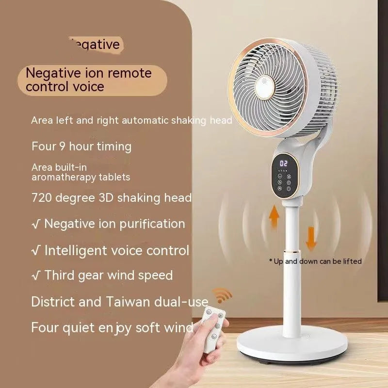 White air circulator fan with lifting column and remote control on a dormitory desk