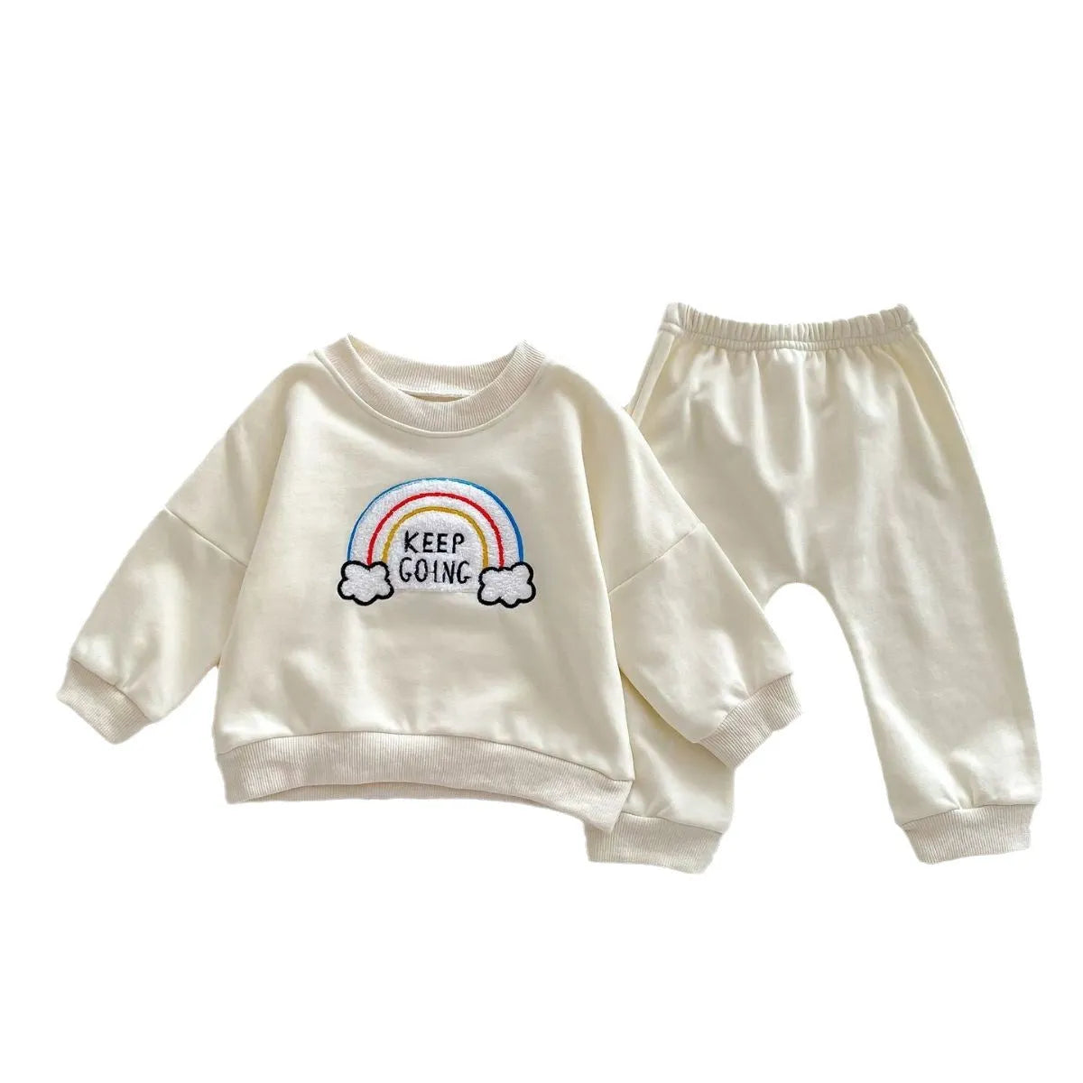 Children's rainbow sweater two-piece set in beige with cartoon and flower patterns, cotton pullover top and trousers for toddlers