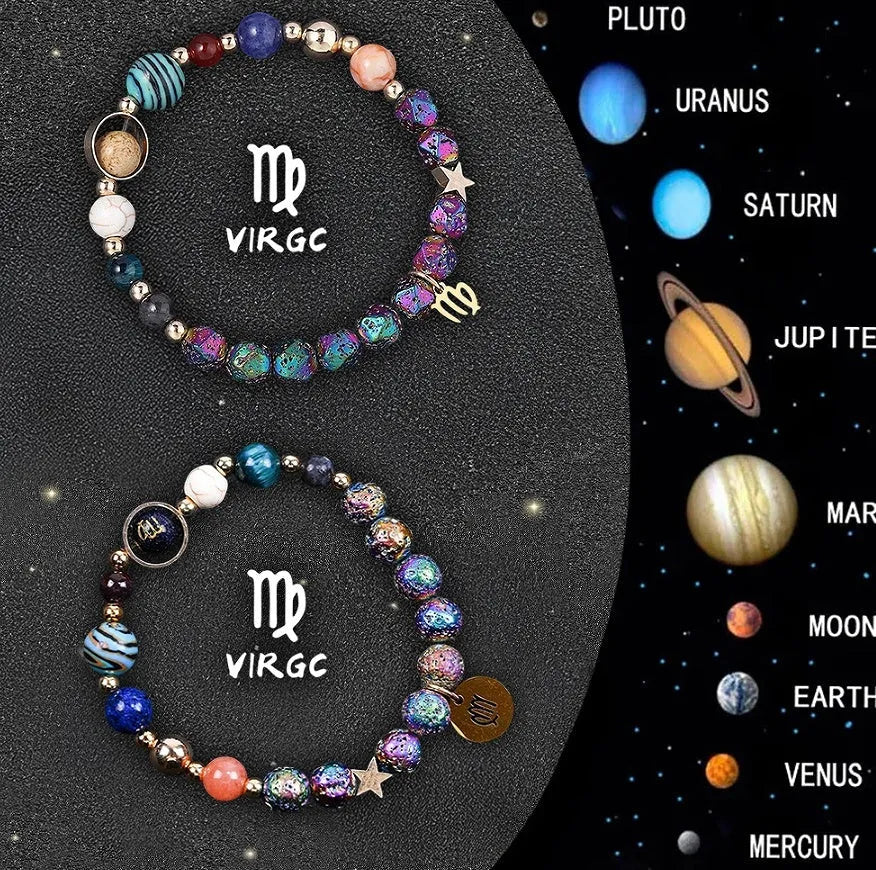 Natural stone beaded bracelet showing an adjustable strap with a zodiac charm, available in twelve astrological sign styles.