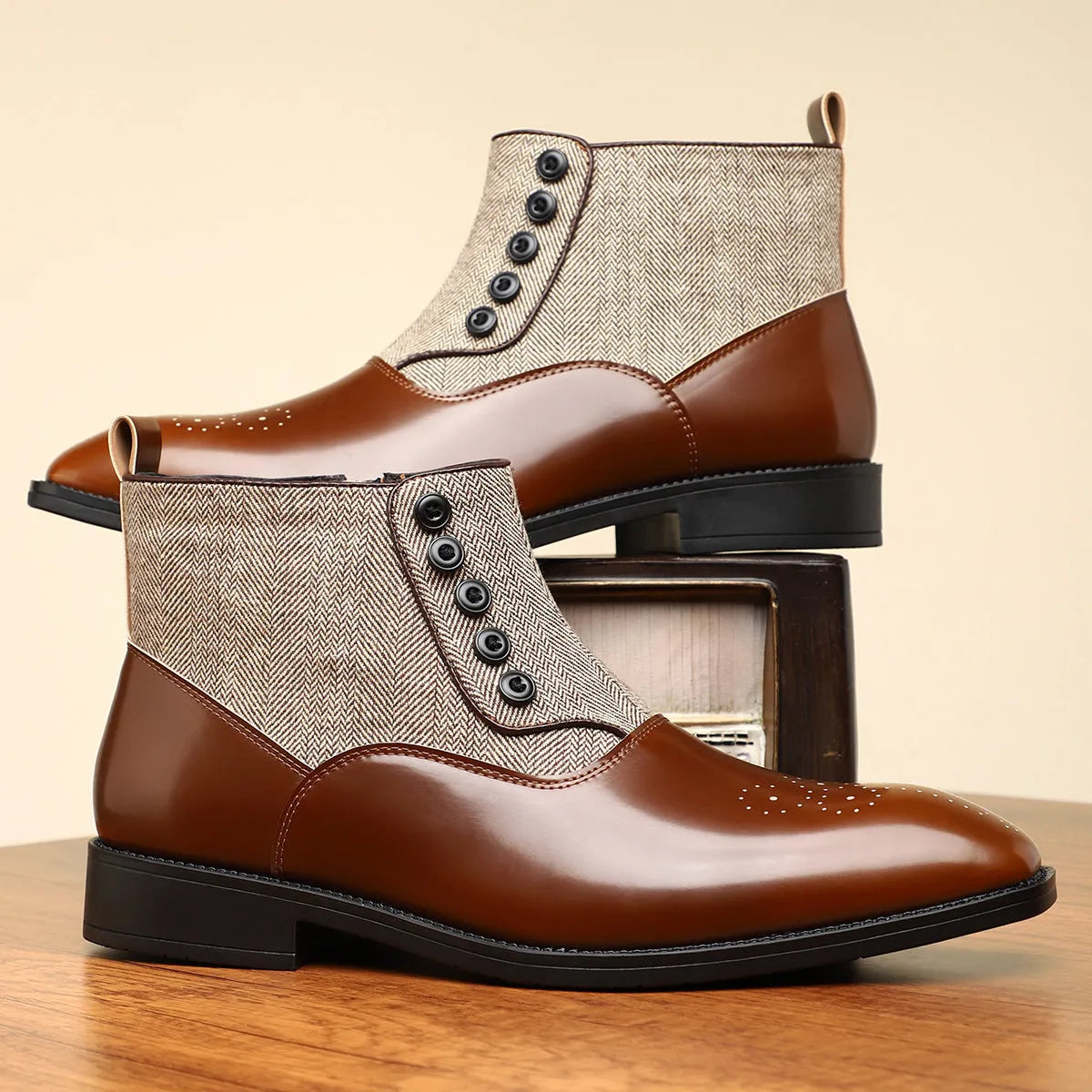 Men's brown retro formal business shoe with side zip, square toe, and low square heel on a rubber sole.