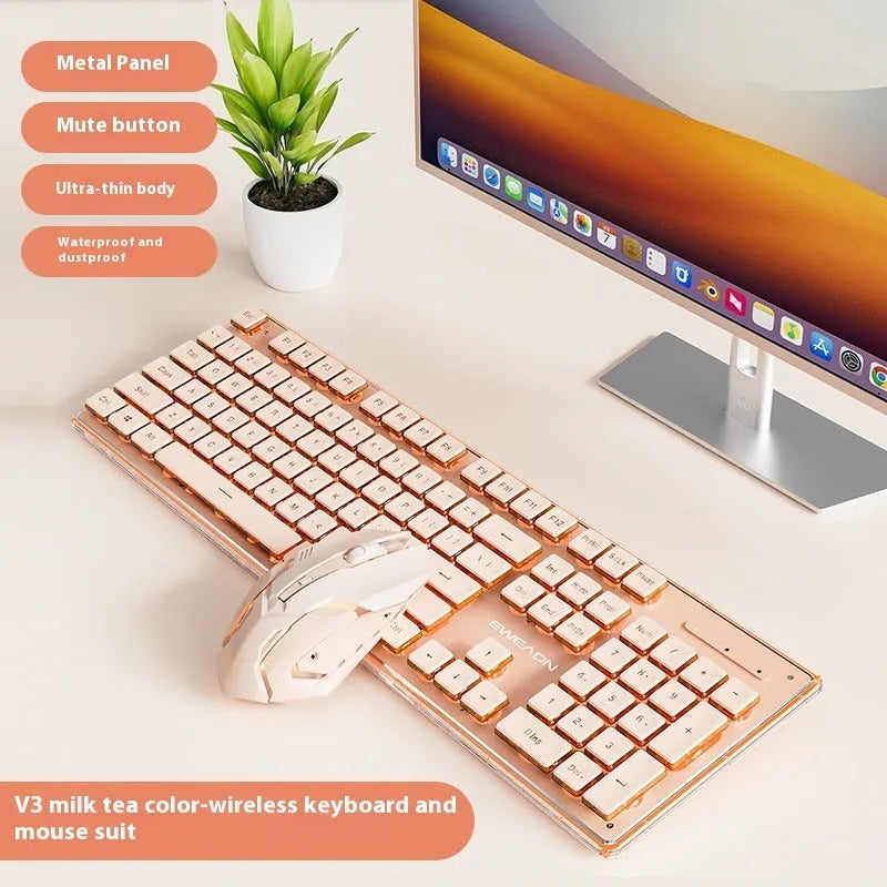Prewalker V3 wired mute keyboard and mouse suit in retro green colour on a desk