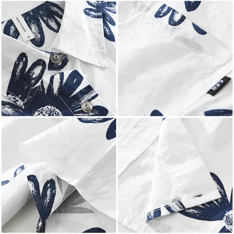 Japanese printed short sleeve shirt in loose cardigan style, cotton blend fabric, white and apricot colours