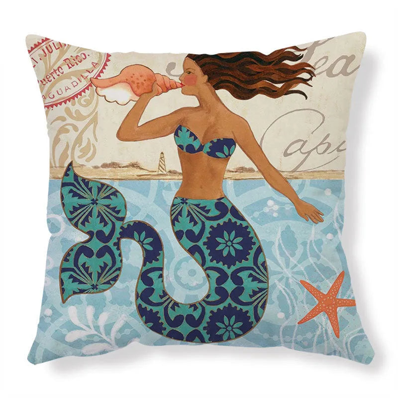 Square linen cushion cover with a detailed blue and green sea turtle print, showing the invisible zipper closure.