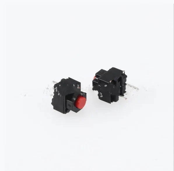 Single aluminium alloy micro tact switch with patch pins for PCB mounting.