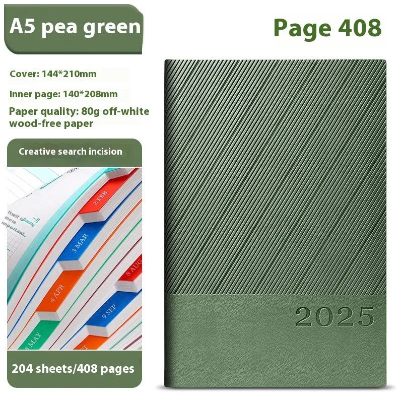 A4 striped PU leather business notepad open on a desk showing 80g paper, available in eight colours.