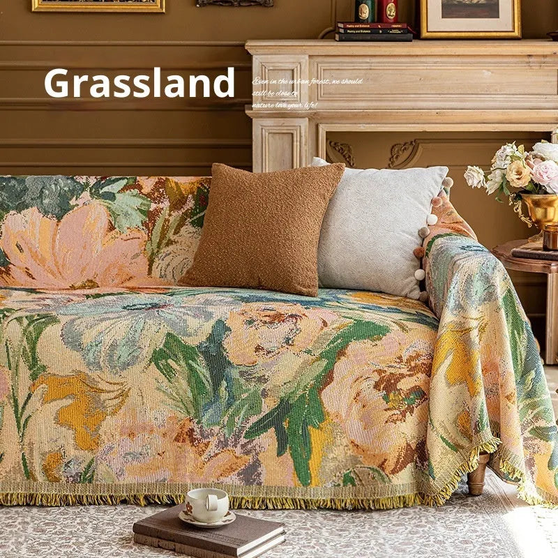 Oil painting cotton braided sofa slipcover with geometric pattern on a beige sofa, vintage colours, full coverage design