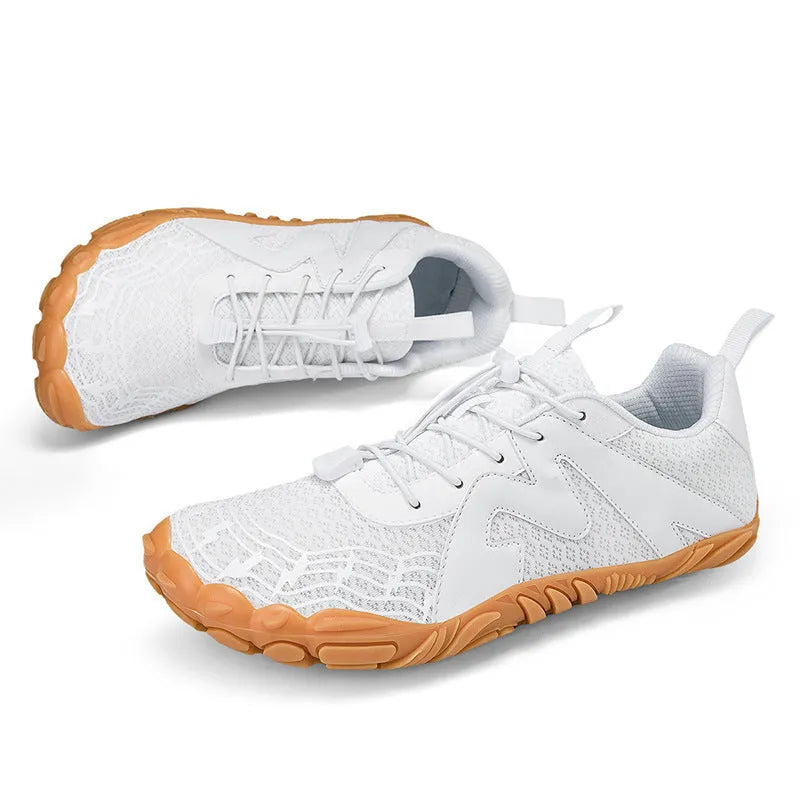 Couple sports climbing shoes in A83 colours with Flyknit lining and rubber soles