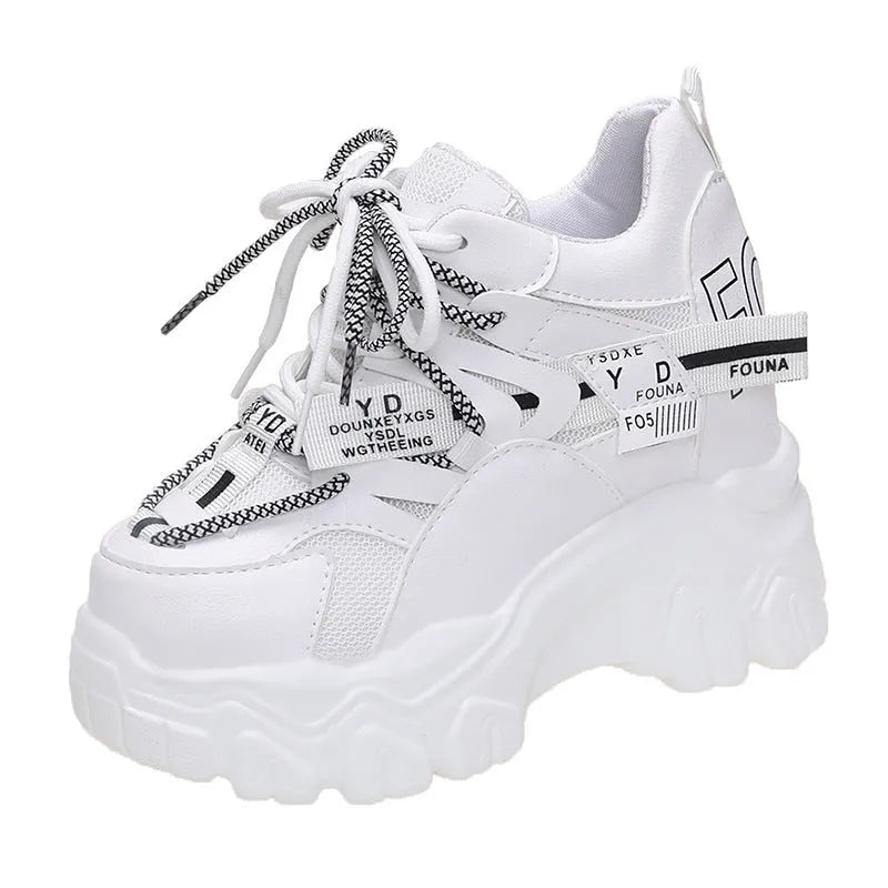 White women's mesh platform sports shoes with cross strap and a 6-8cm rubber sole.