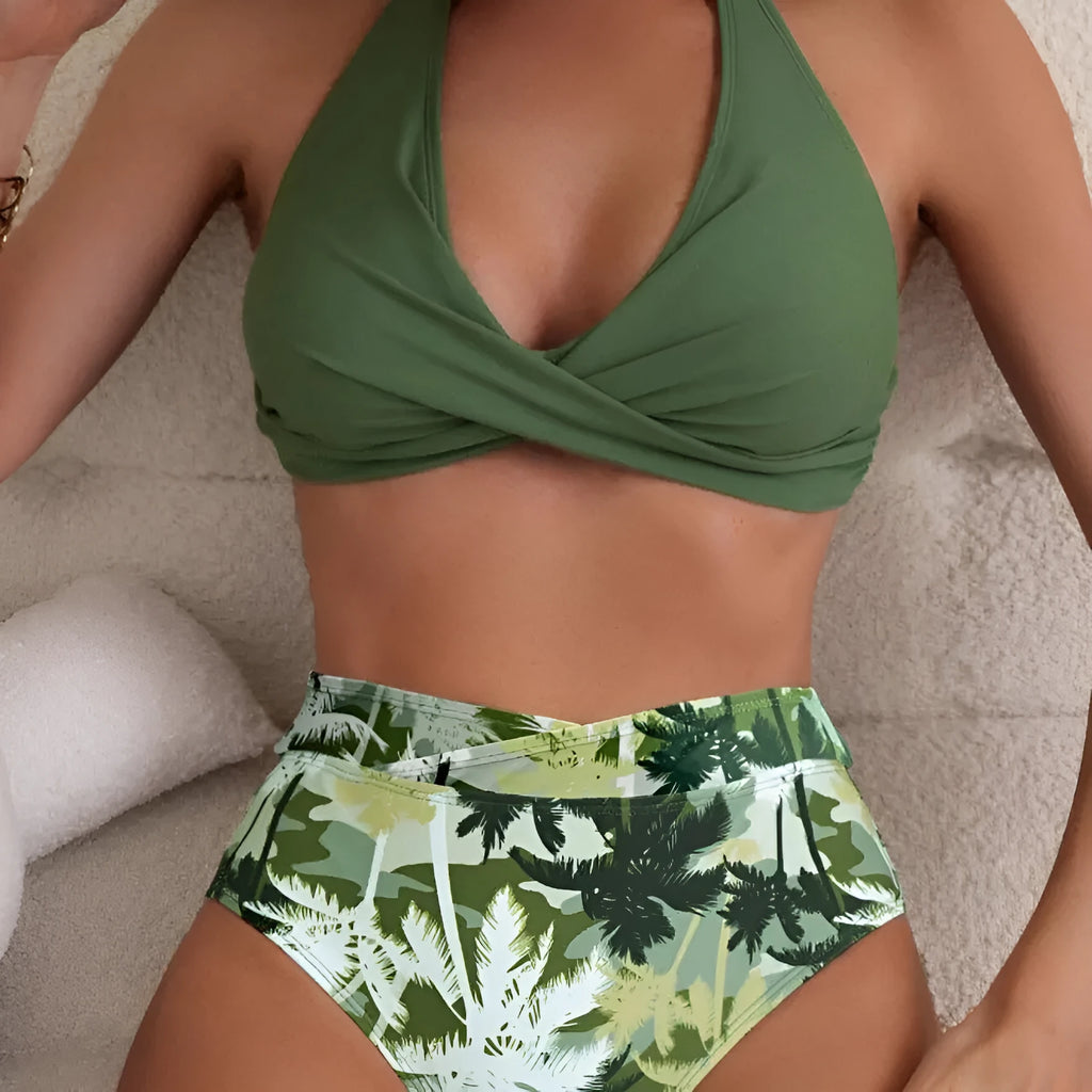 Women's high-waist swimsuit with creative printing in a sleeveless briefs style.
