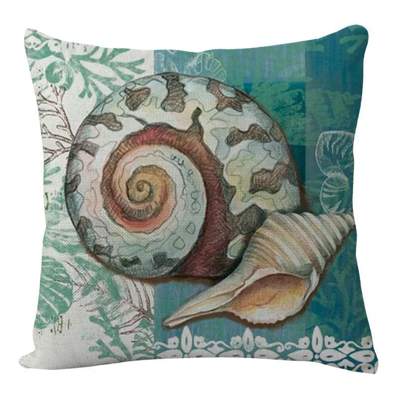 Square linen cushion cover with a detailed blue and green sea turtle print, showing the invisible zipper closure.