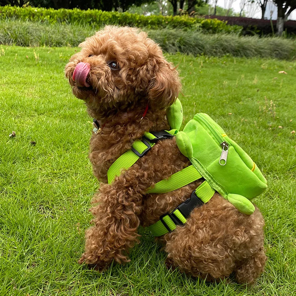 Brown turtle-shaped velvet dog backpack harness vest with metal zipper measuring 20x18cm