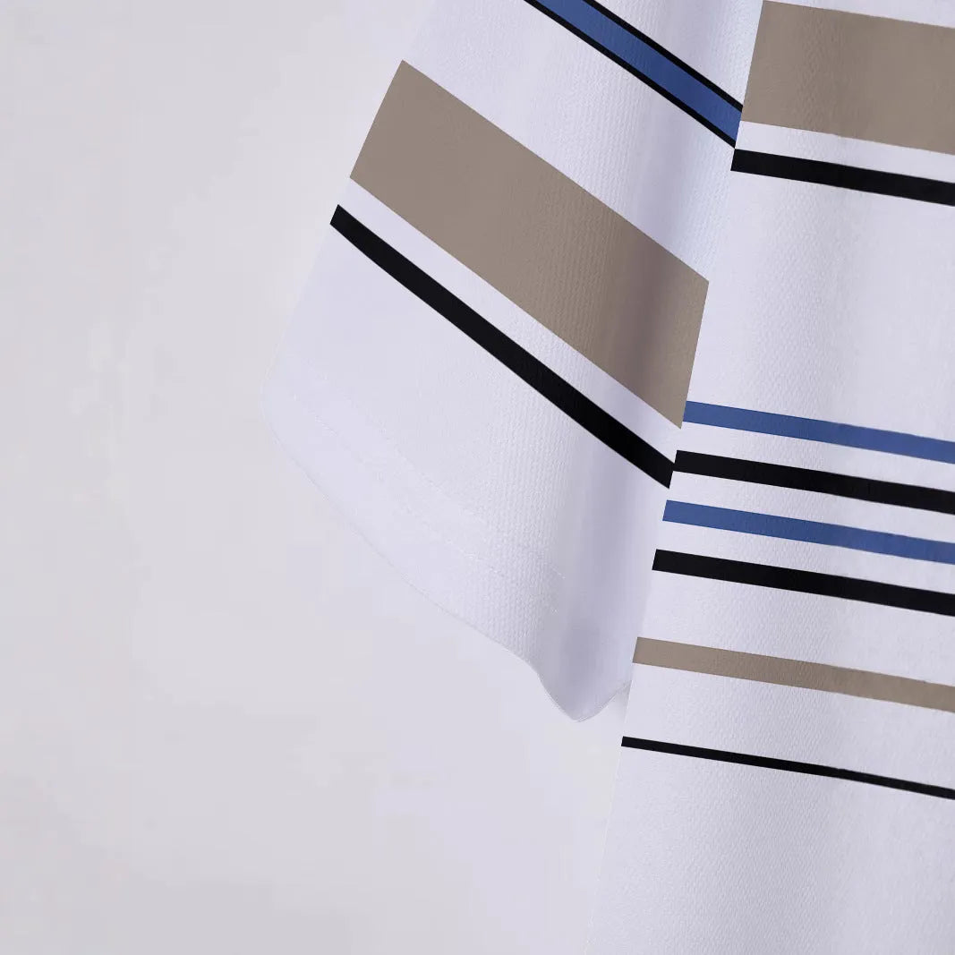 White striped men's short sleeve T-shirt on hanger showing slim fit styling