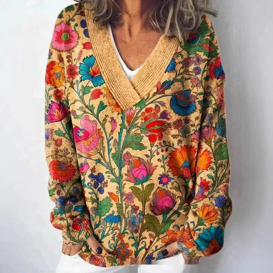 Women's floral pattern printed V-neck sweatshirt with 3D effect and long sleeves in colour E073
