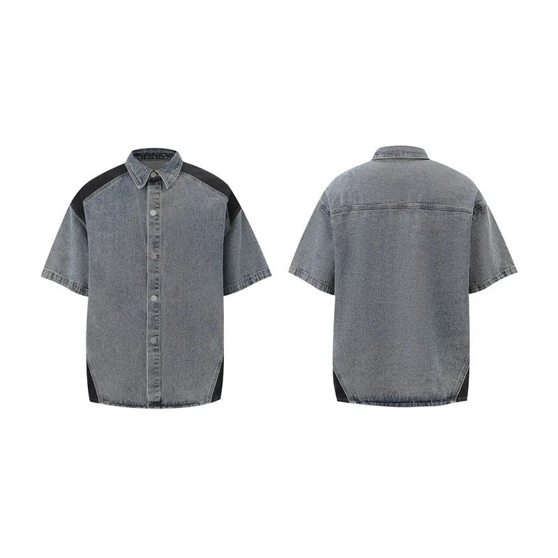 Retro washed denim suit set with short-sleeved shirt and matching trousers in black colour