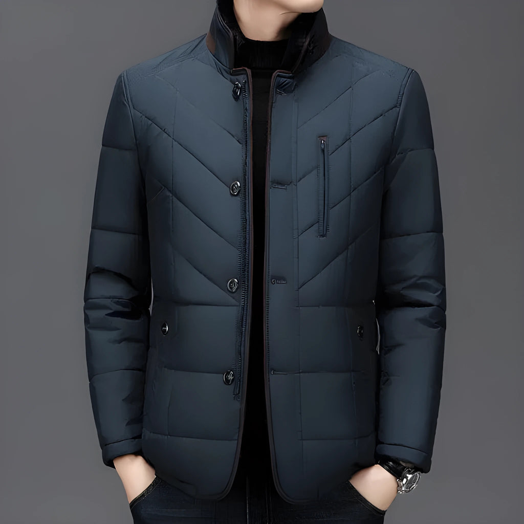 Men's dark blue short winter padded coat with side pockets on a mannequin