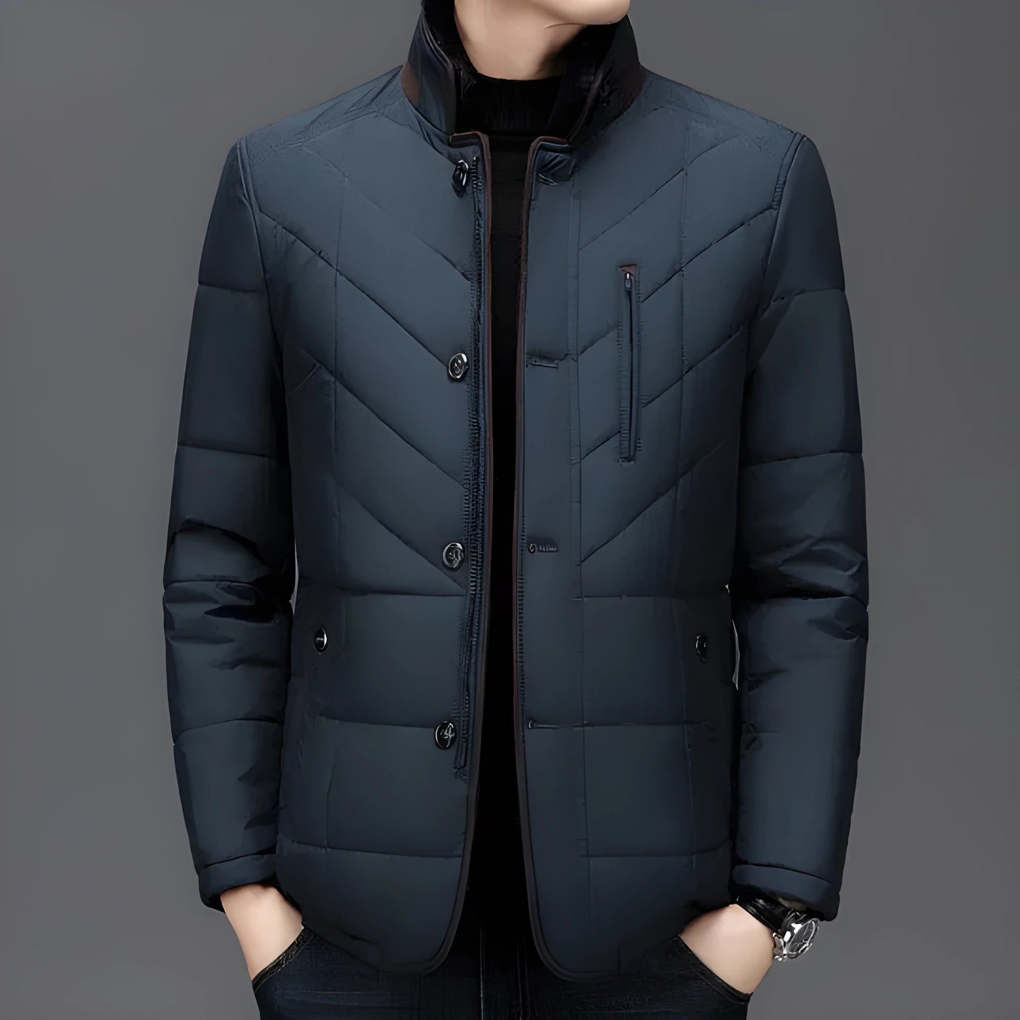 Men's dark blue short winter padded coat with side pockets on a mannequin