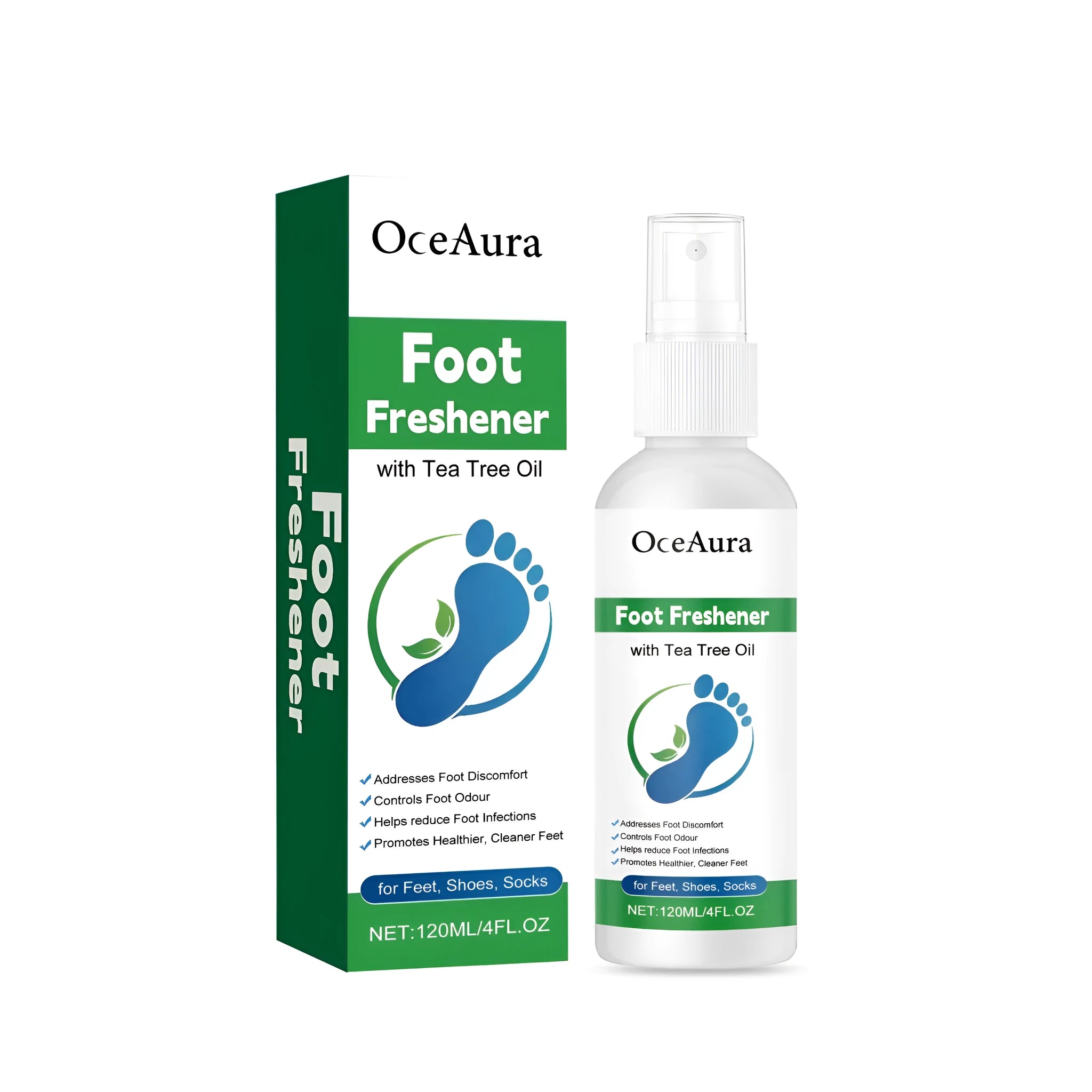 120ml tea tree oil foot care spray with Centella asiatica and colloidal silver in a fine mist bottle