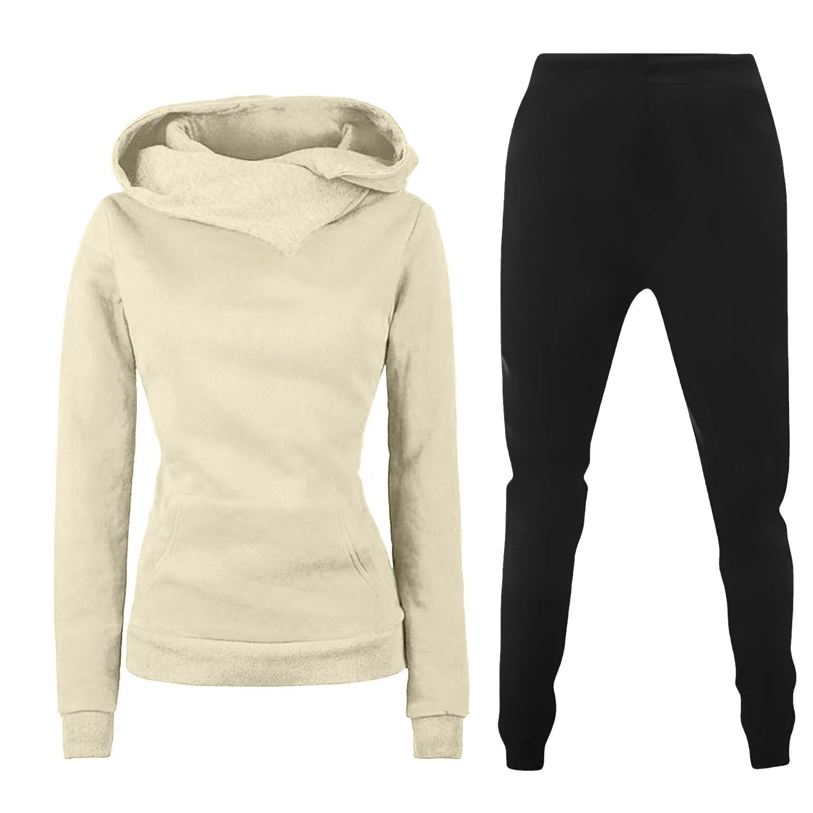 Ladies hooded sweater casual suit two-piece set in solid colour with long sleeves and print, polyester fibre fabric