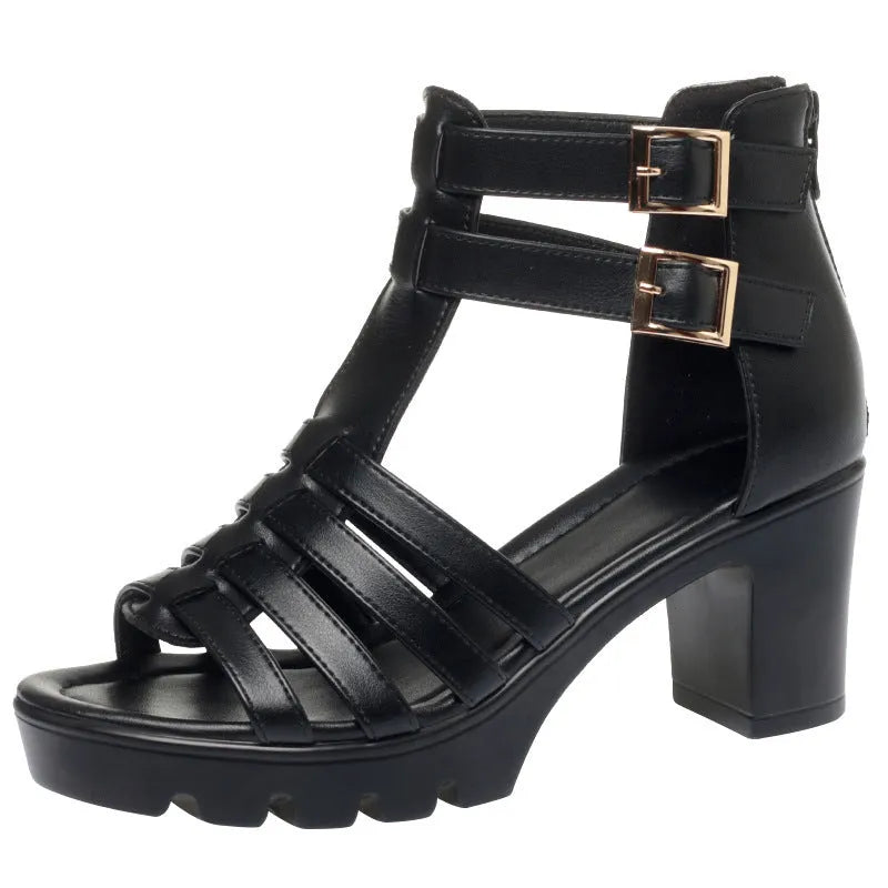 Women's beige high heel shoes with hollow-out design and rhinestone decoration, showing buckle fastener.
