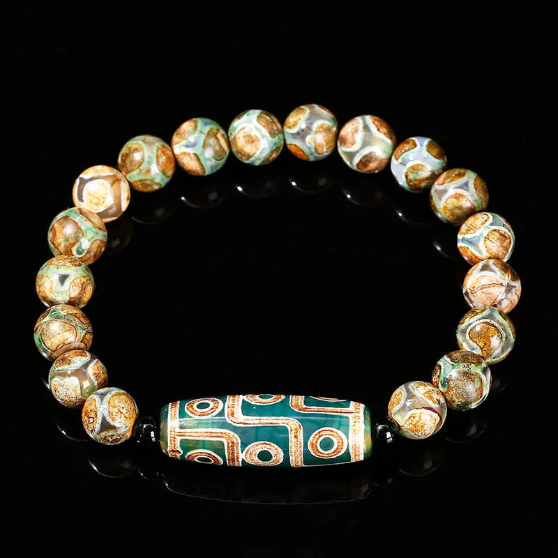 Handmade green dzi bead bracelet with barrel-shaped agate beads in unisex national style design