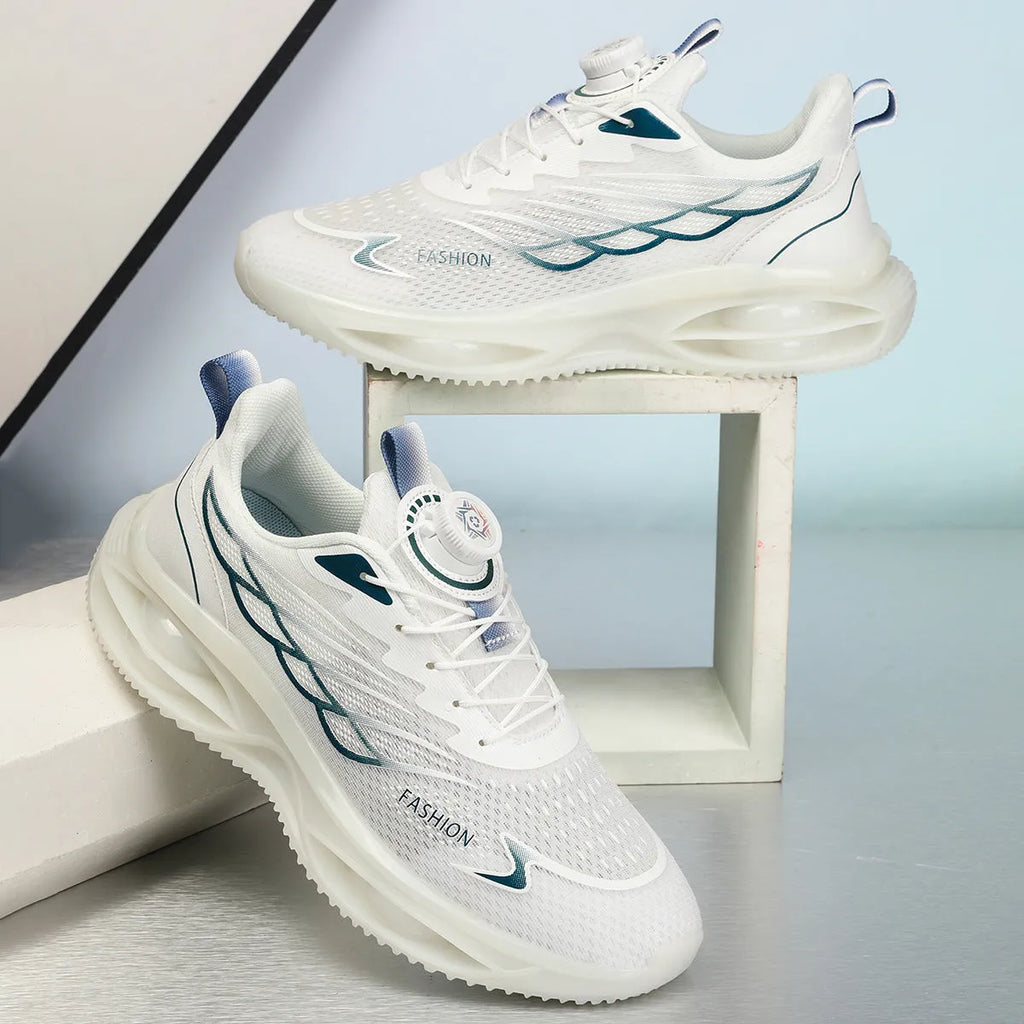 Casual neutral running shoes in sky blue with mesh upper, rubber sole, and lace-up front.