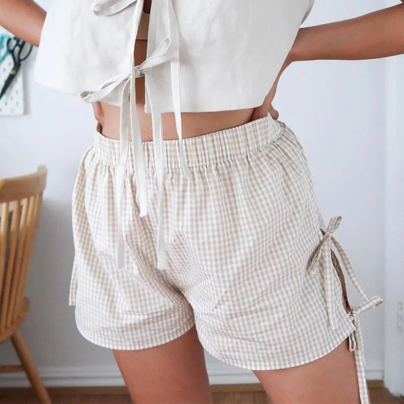 Loose plaid print shorts with lace-up design for women, Y2K summer style, elastic waistband