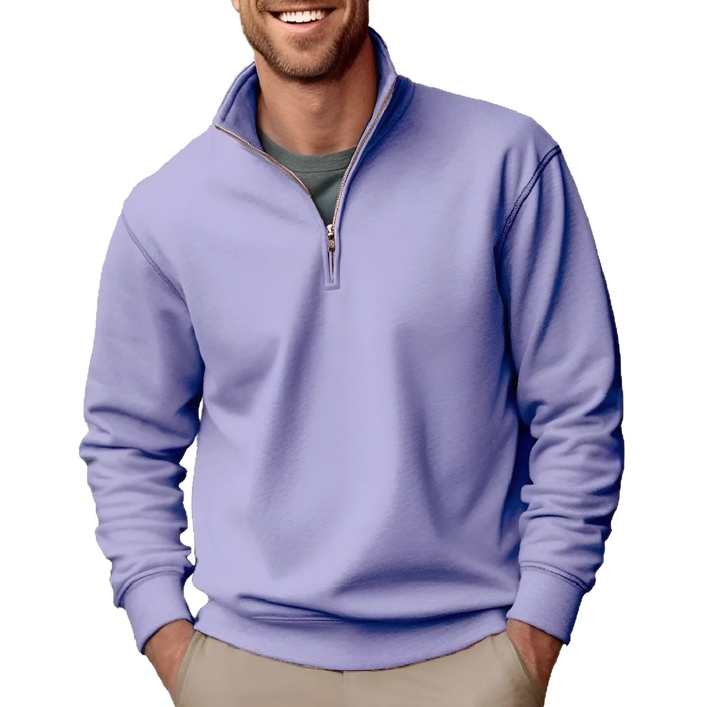 Men's purple casual zipper velvet stand collar solid colour long sleeve pullover sweater with front patch pocket