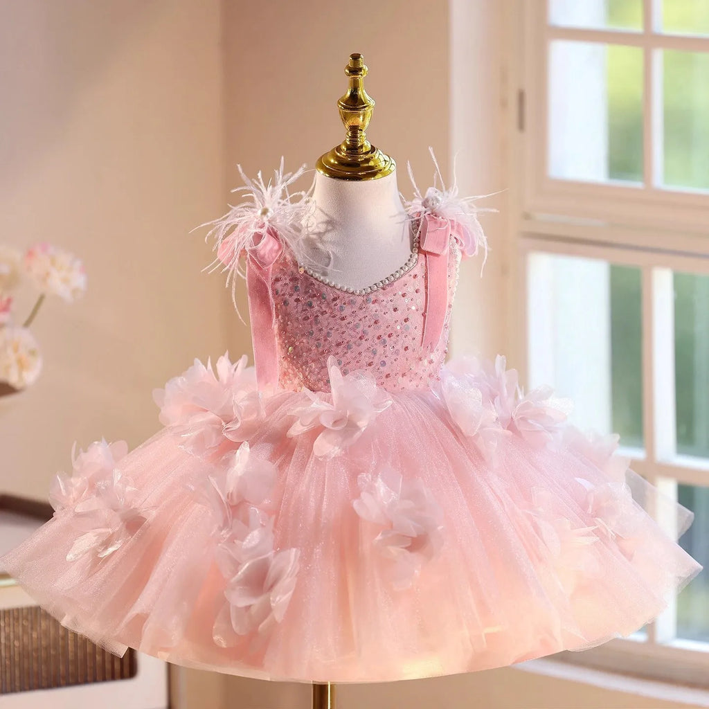 Pink polyester princess dress for girls, fits height 80-150cm, piano recital wear