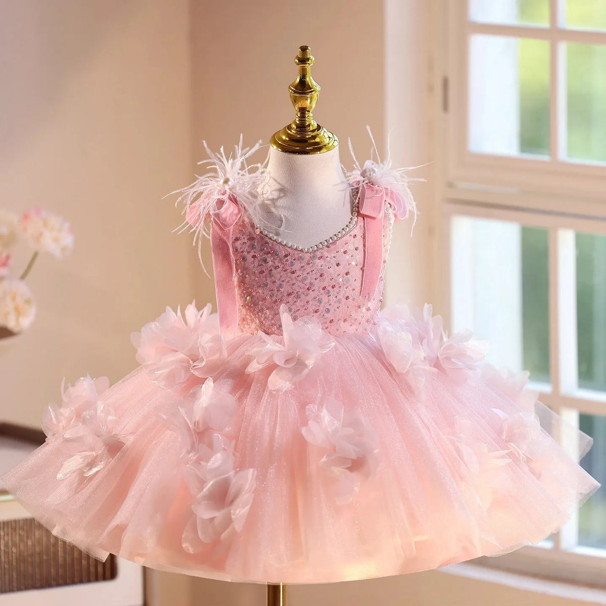 Pink polyester princess dress for girls, fits height 80-150cm, piano recital wear