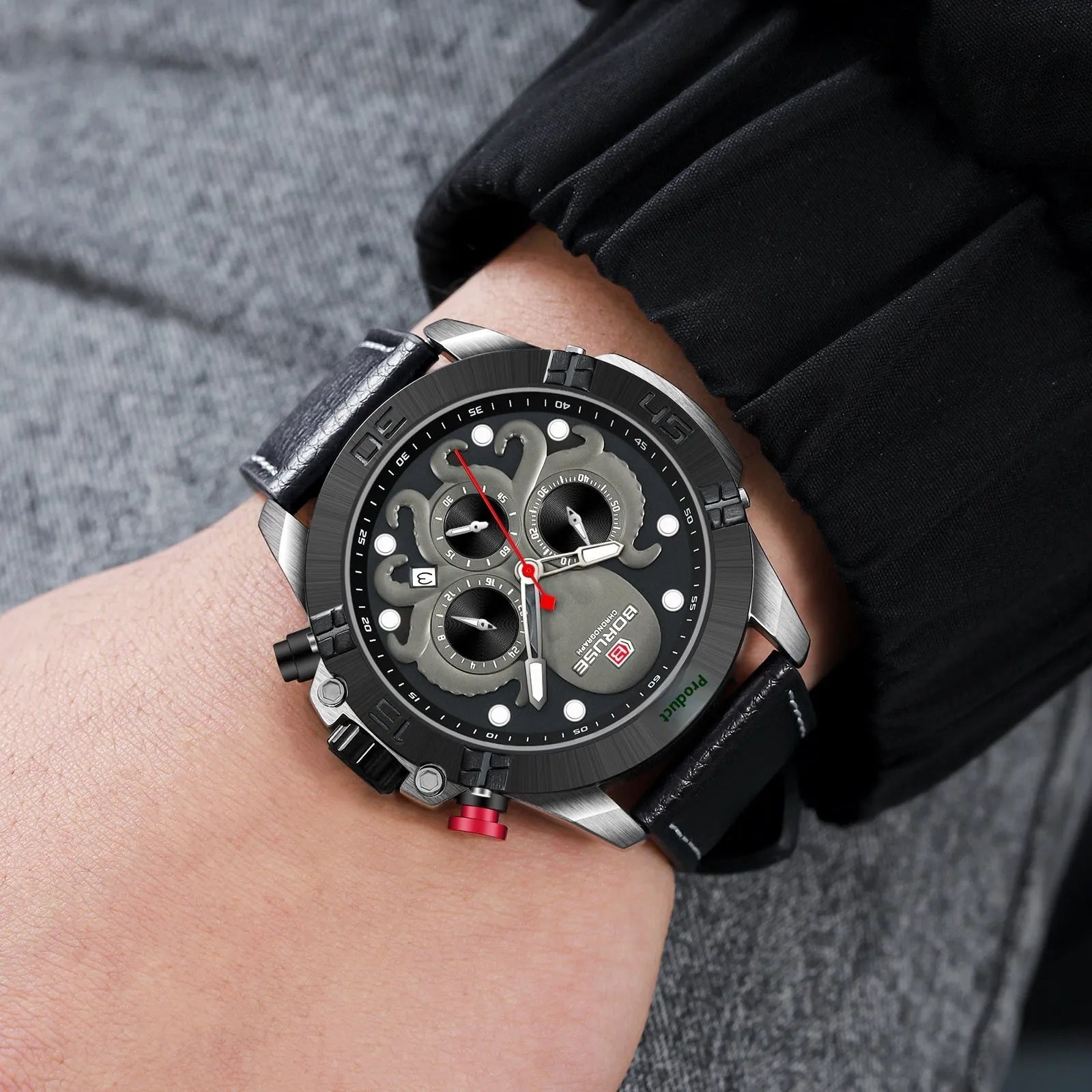 Octopus brand men's waterproof luminous quartz watch with 13mm case in blue or black options